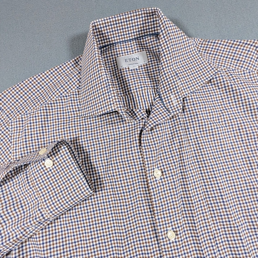 Eton Button Down Shirt Mens XL 17 Contemporary Fit Gingham Check